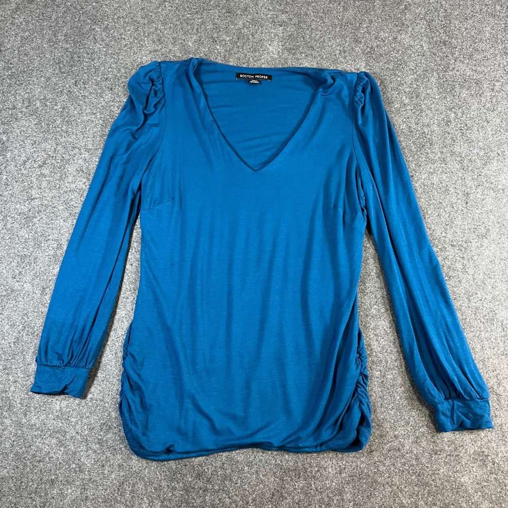Boston Proper Women Teal Blue V-Neck Ruched Long Sleeve Puff Shoulder Top Size S